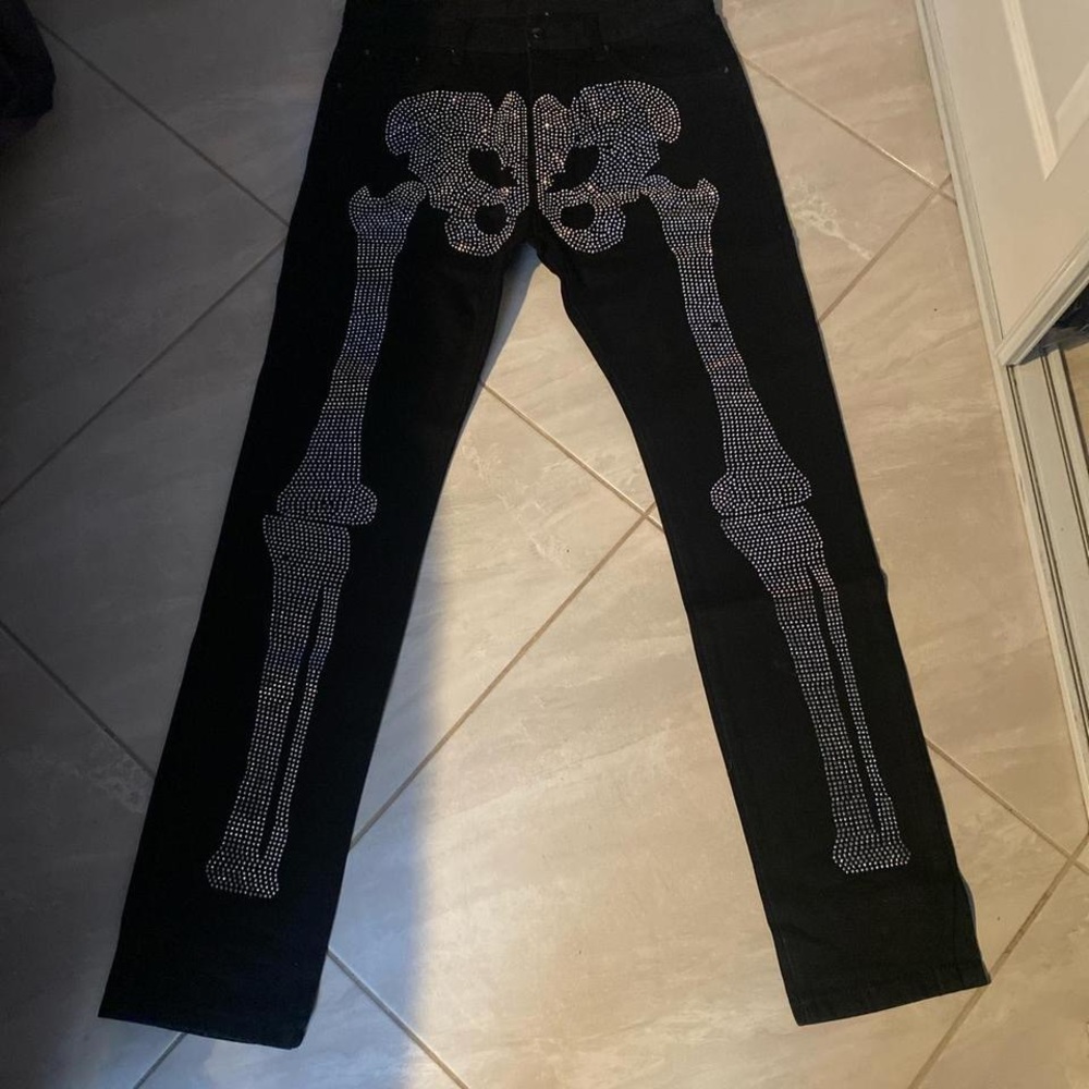 black mnml skeleton rhinestone jeans